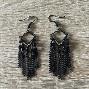 Women's Black Tassel Fringe Earrings with White Stones Vintage Y2K black